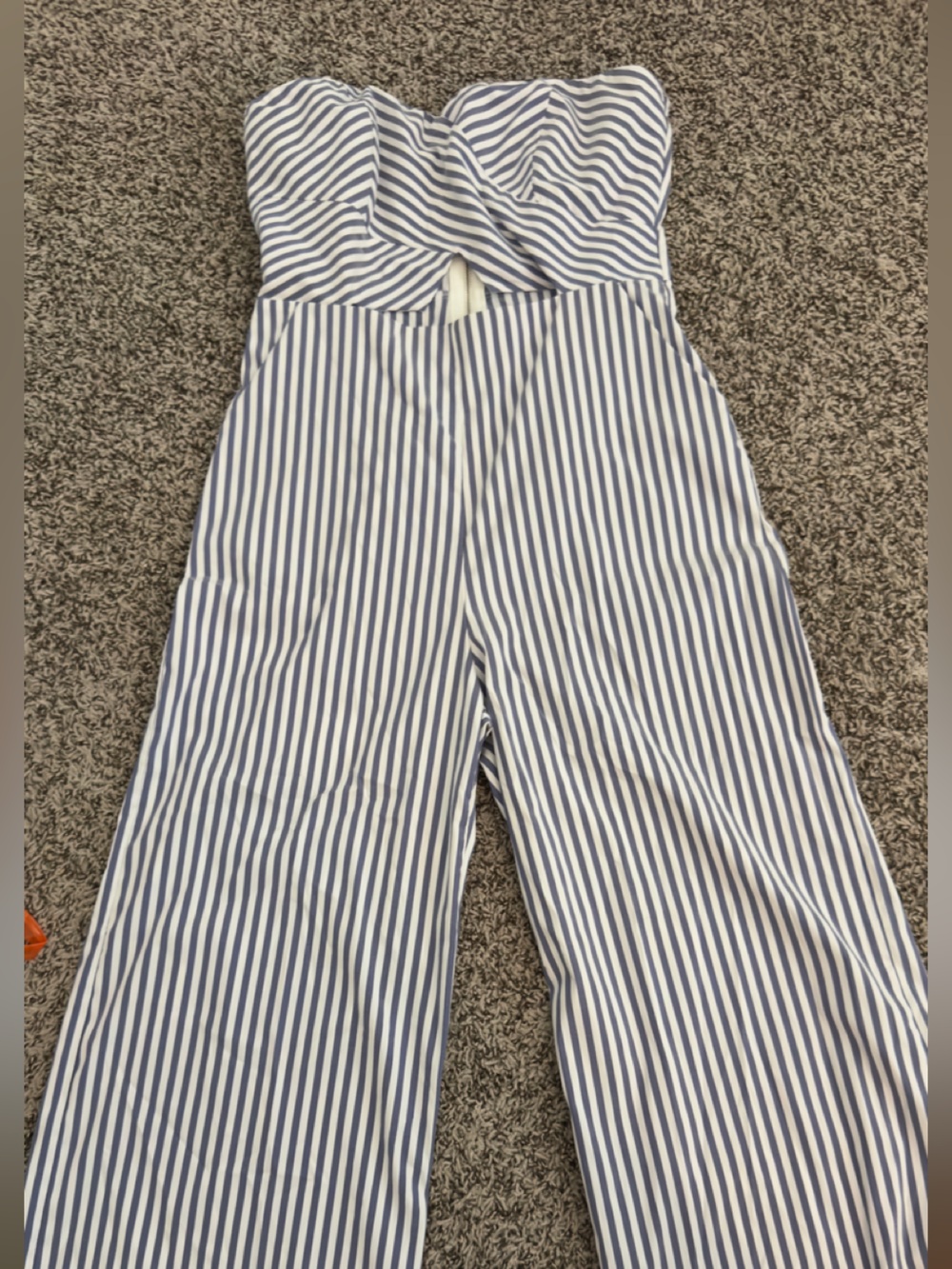 Fashion Nova Blue and White Striped Strapless Jumpsuit